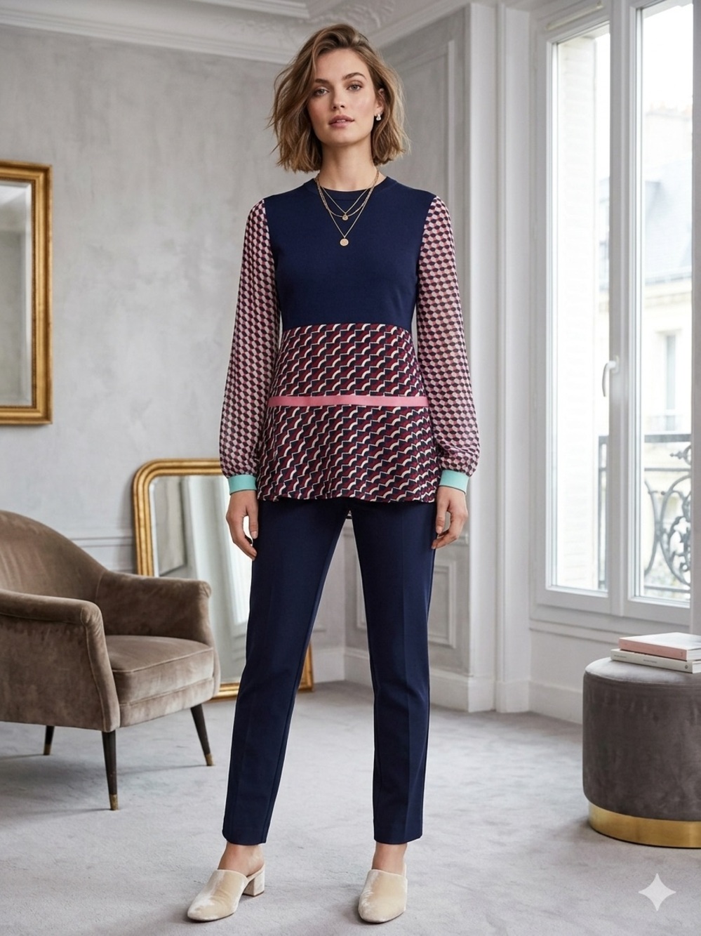 Ted Baker Colors ROSLBA Geometric Knit Navy Blouse Sheer Sleeve Size 2 / US 6